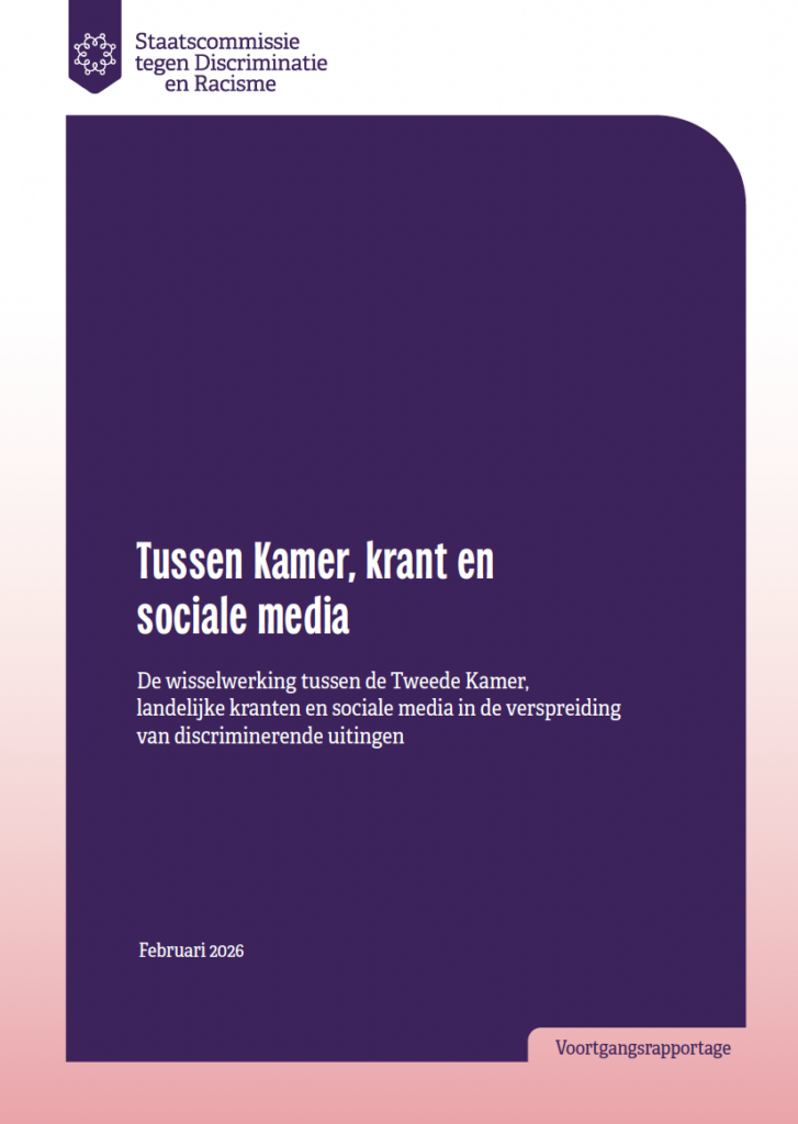 Titel van het rapport: Tussen Kamer, krant en sociale media. De wisselwerking tussen de Tweede Kamer, landelijke kranten en sociale media in de verspreiding van discriminerende uitingen